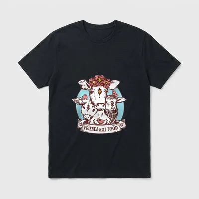 Animals are Friends T-Shirt – Cow, pig, and sheep with flower crowns and text "Friends Not Food" – Classic T-Shirt in Black