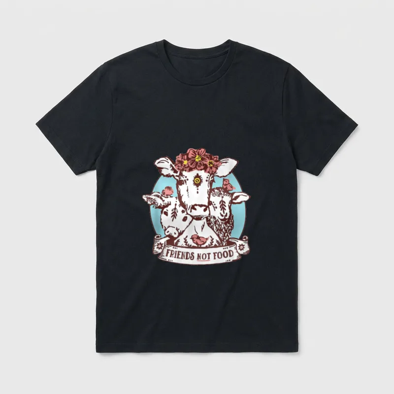 Animals are Friends T-Shirt – Cow, pig, and sheep with flower crowns and text "Friends Not Food" – Classic T-Shirt in Black