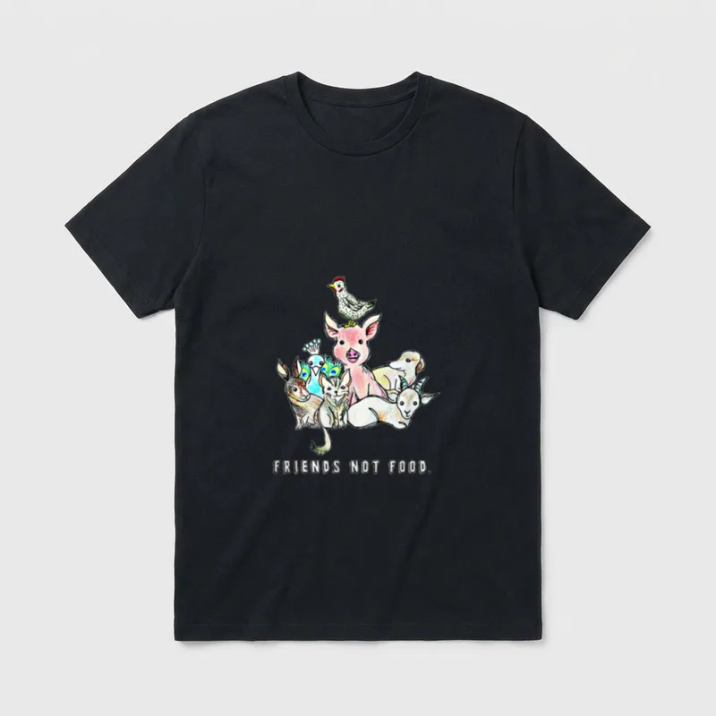 Animals are Friends not Food T-Shirt – Stacked farm animals with text reading Friends Not Food – Classic T-Shirt in Black