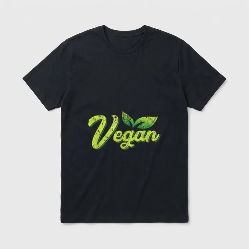 Plant Base Herbivore Go T-Shirt – "Vegan" text with two green leaves above it – Classic T-Shirt in Black