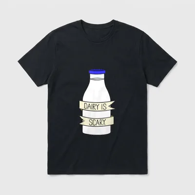 Dairy is Scary Vegan Lactose T-Shirt – Milk bottle with "DAIRY IS SCARY." on two banner ribbons – Classic T-Shirt in Black