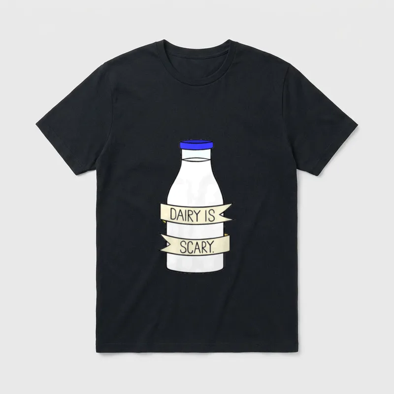 Dairy is Scary Vegan Lactose T-Shirt – Milk bottle with "DAIRY IS SCARY." on two banner ribbons – Classic T-Shirt in Black