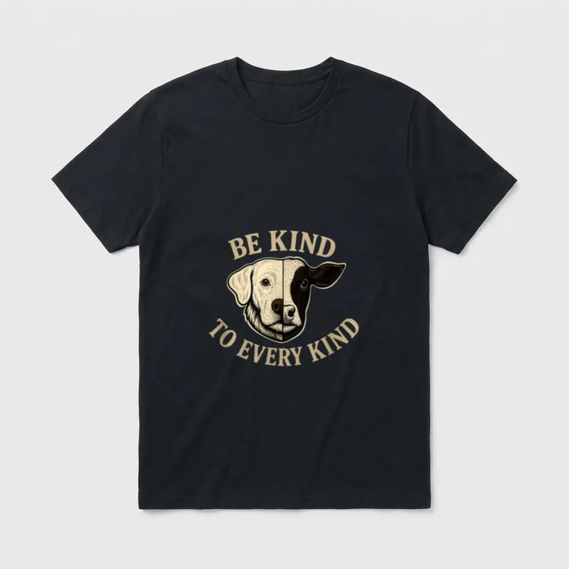 Vegan Vegetarian Every T-Shirt – "BE KIND TO EVERY KIND" text with split dog face illustration – Classic T-Shirt in Black