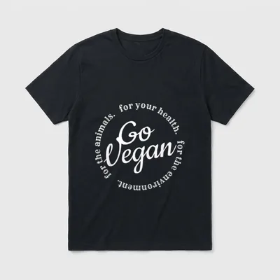 Go Vegan T-Shirt – Go Vegan in script with circular text listing three reasons – Classic T-Shirt in Black