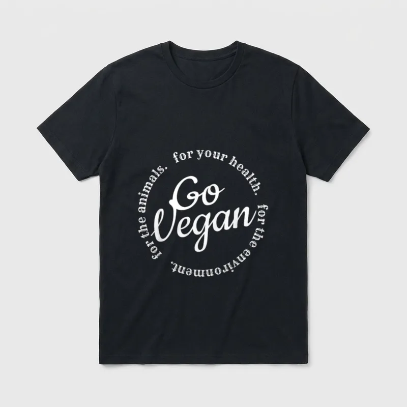 Go Vegan T-Shirt – Go Vegan in script with circular text listing three reasons – Classic T-Shirt in Black