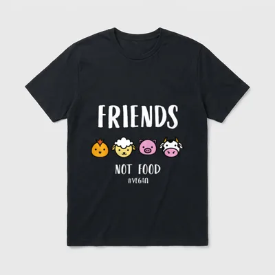 Friends Not Food for Vegans T-Shirt – Four cartoon animal heads with Friends Not Food text – Classic T-Shirt in Black