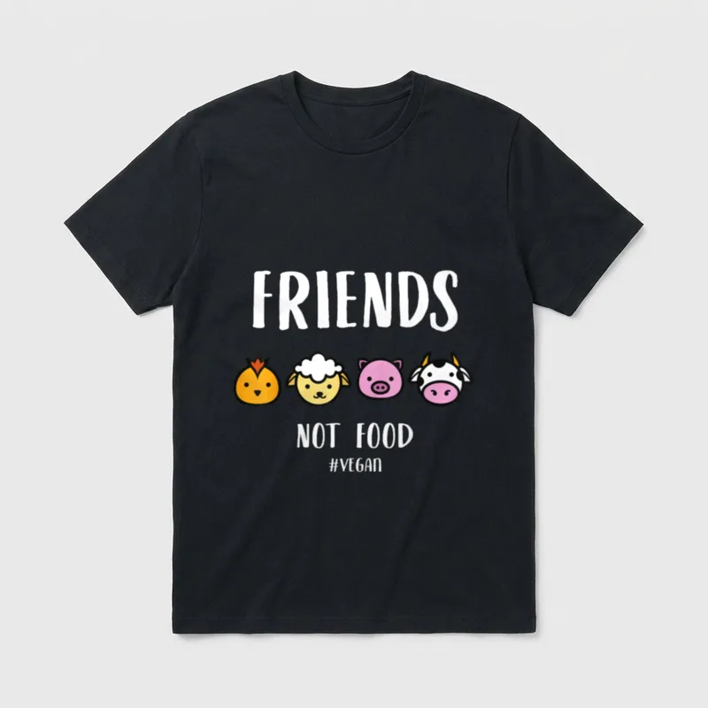 Friends Not Food for Vegans T-Shirt – Four cartoon animal heads with Friends Not Food text – Classic T-Shirt in Black