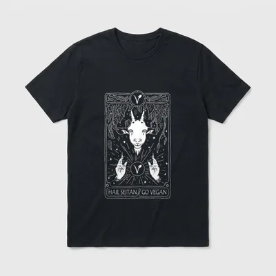 Hail Seitan go T-Shirt – Text reads HAIL SEITAN GO VEGAN in a tarot card frame – Classic T-Shirt in Black