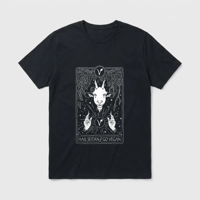 Hail Seitan go T-Shirt – Text reads HAIL SEITAN GO VEGAN in a tarot card frame – Classic T-Shirt in Black