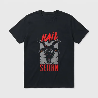 Seitanist Hail Seitan Go T-Shirt – Red HAIL SEITAN text above a grey bull head illustration – Classic T-Shirt in Black