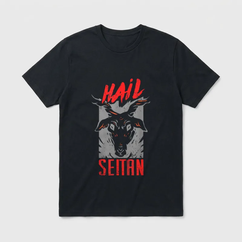 Seitanist Hail Seitan Go T-Shirt – Red HAIL SEITAN text above a grey bull head illustration – Classic T-Shirt in Black