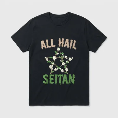 All Hail Seitan Funny T-Shirt – Floral star with dripping text reading All Hail Seitan – Classic T-Shirt in Black