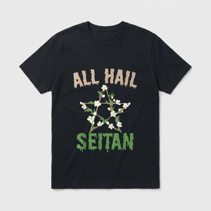All Hail Seitan Funny T-Shirt – Floral star with dripping text reading All Hail Seitan – Classic T-Shirt in Black