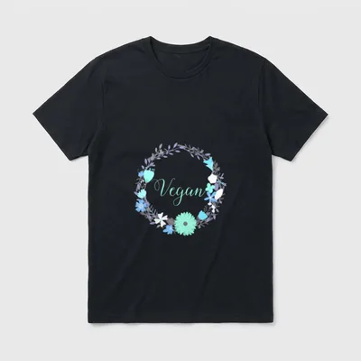 Pretty Vegan Floral Animal T-Shirt – Vegan text inside a wreath of blue and mint flowers – Classic T-Shirt in Black