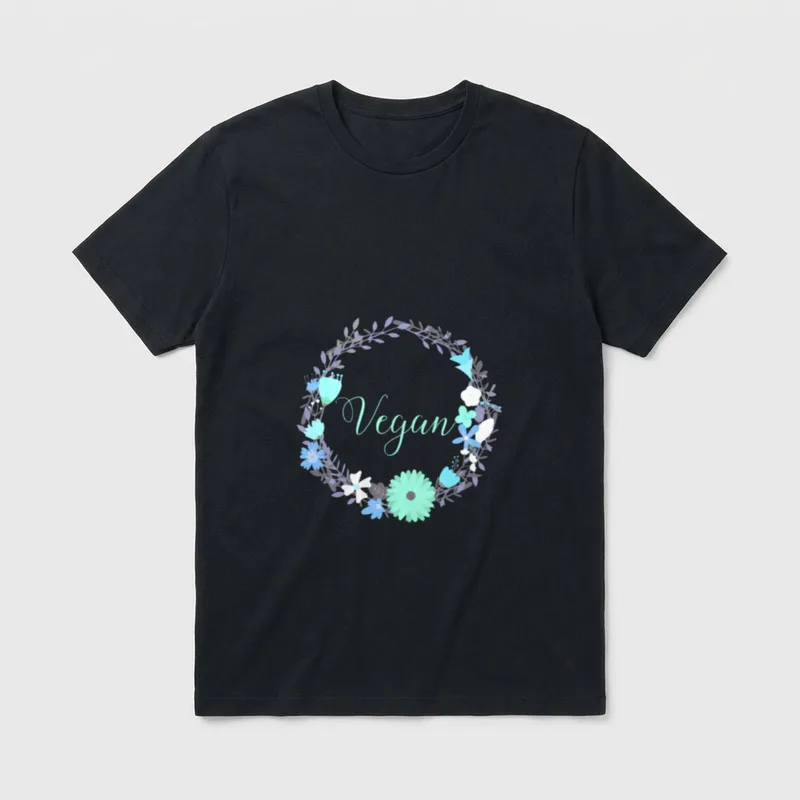 Pretty Vegan Floral Animal T-Shirt – Vegan text inside a wreath of blue and mint flowers – Classic T-Shirt in Black