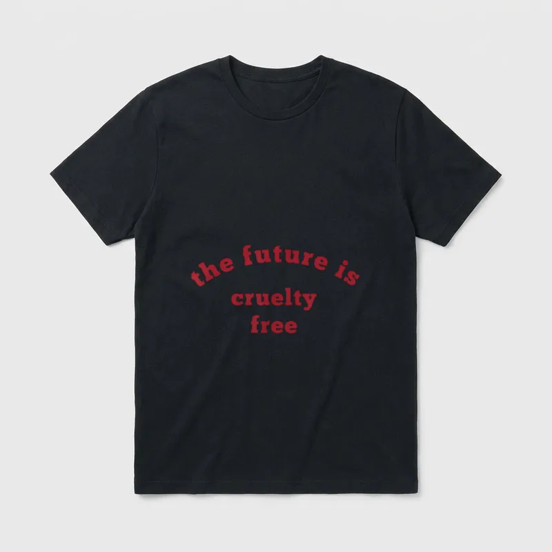 The Future is Cruelty T-Shirt – Red text reading the future is cruelty free on a grey background – Classic T-Shirt in Black