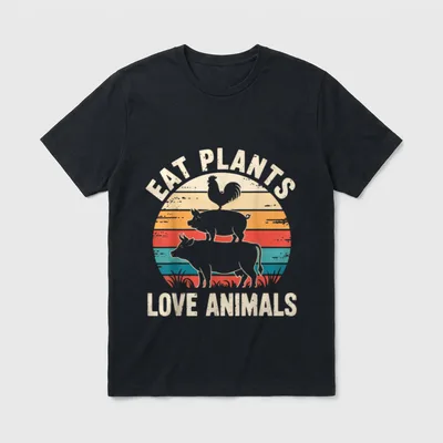 Eat Plants Love T-Shirt – Stacked rooster pig and cow silhouettes on a vintage sunset background – Classic T-Shirt in Black