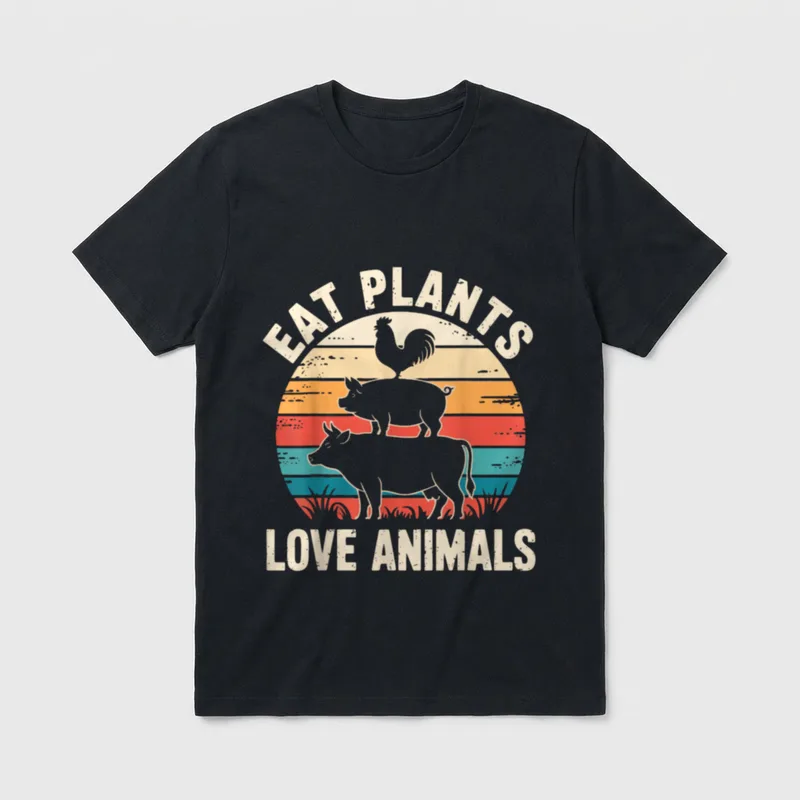 Eat Plants Love T-Shirt – Stacked rooster pig and cow silhouettes on a vintage sunset background – Classic T-Shirt in Black