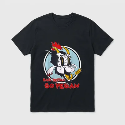 Veganism Humor Wheat Gluten T-Shirt – Cartoon demon holding wheat with text Hail Seitan Go Vegan – Classic T-Shirt in Black