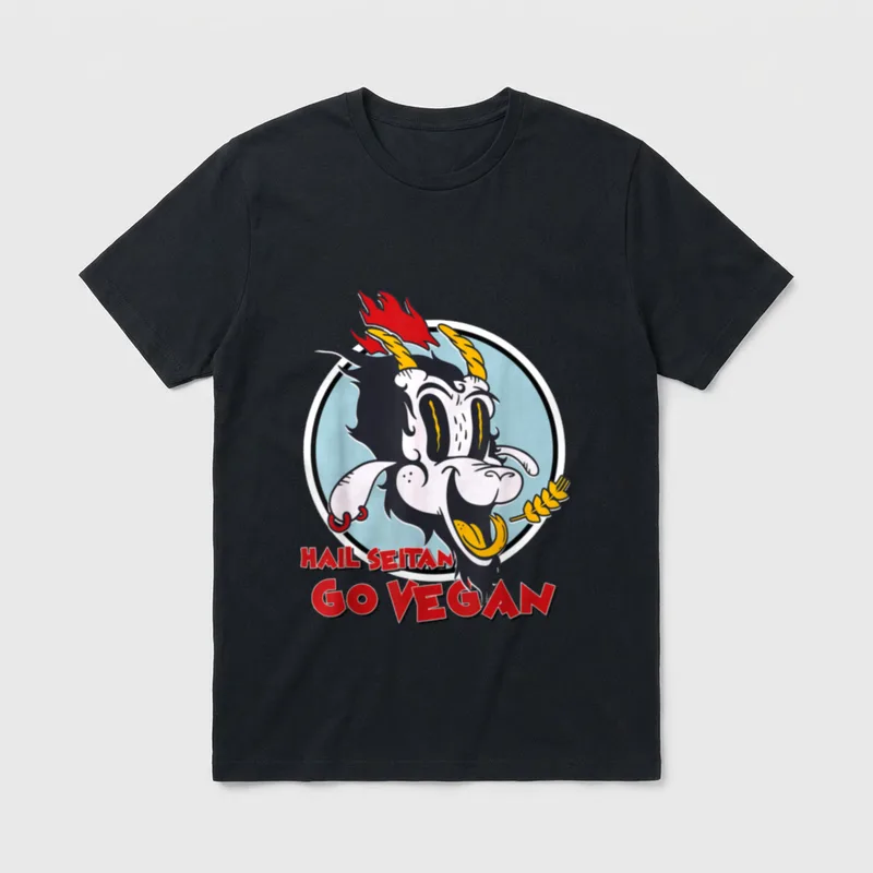 Veganism Humor Wheat Gluten T-Shirt – Cartoon demon holding wheat with text Hail Seitan Go Vegan – Classic T-Shirt in Black
