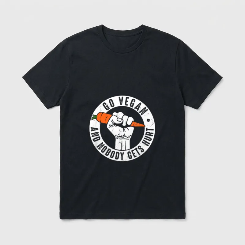 Go Vegan and nobody T-Shirt – Raised fist holding a carrot with Go Vegan and nobody gets hurt text – Classic T-Shirt in Black