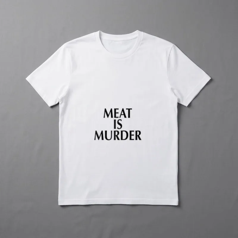 Meat Is Murder Vegetarian T-Shirt – Black stacked text reading Meat Is Murder on a grey background – Classic T-Shirt in Black