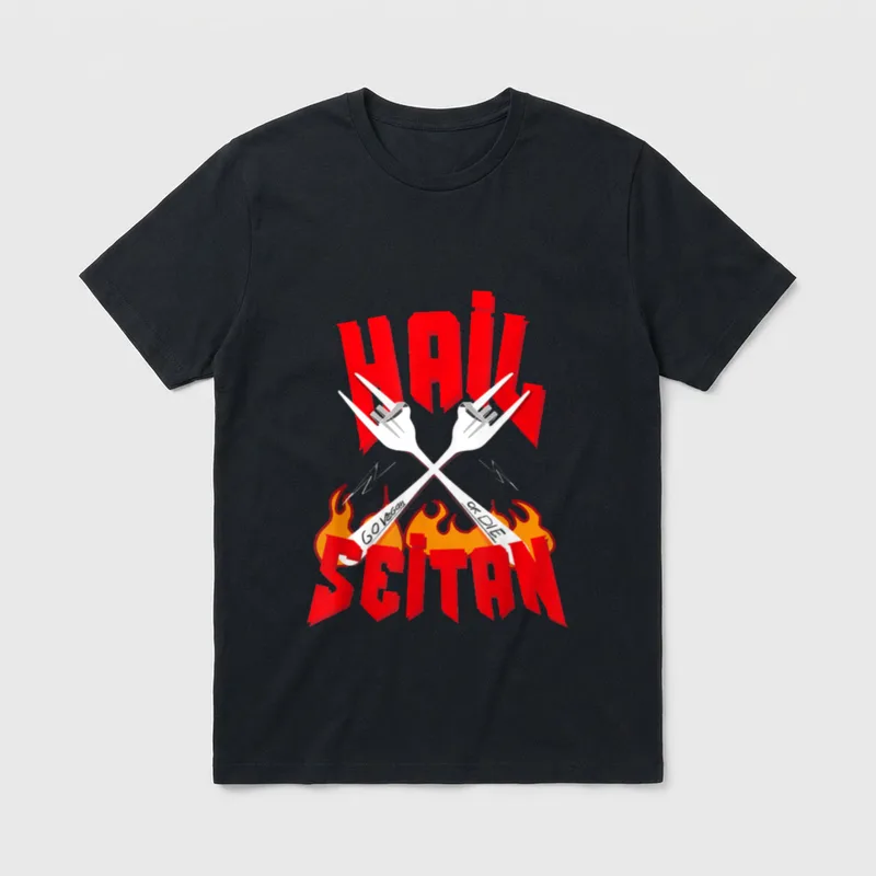 HAIL SEITAN GO VEGAN Heavy T-Shirt – Crossed metal forks with flames and HAIL SEITAN GO VEGAN text – Classic T-Shirt in Black