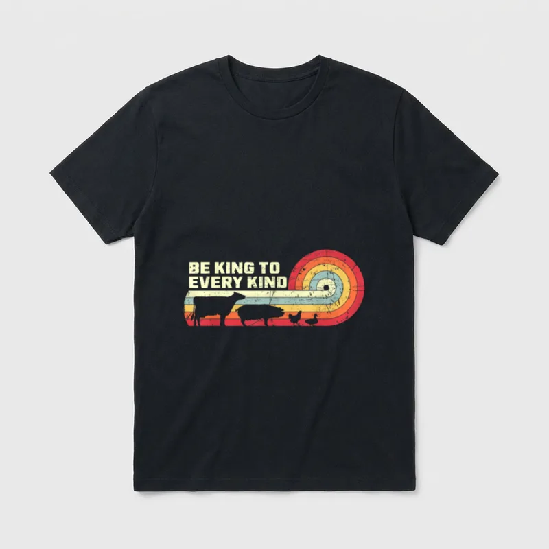 Vegan Be King T-Shirt – Retro rainbow target with cow pig chicken silhouettes and text – Classic T-Shirt in Black