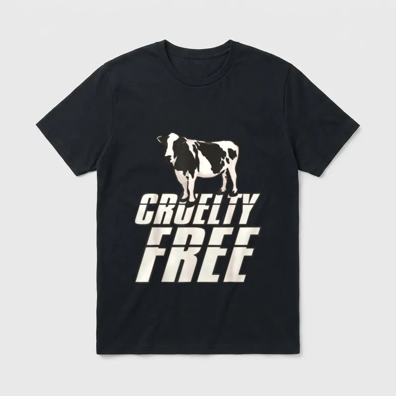 Cruelty Free Vegan T-Shirt – Black and white cow standing on bold Cruelty Free text – Classic T-Shirt in Black