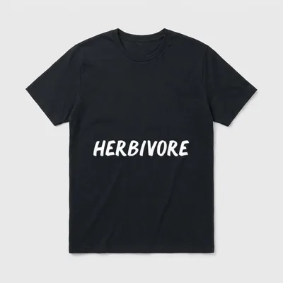 Herbivore Funny Vegan Vegetarian T-Shirt – White text reading HERBIVORE on a grey background – Classic T-Shirt in Black