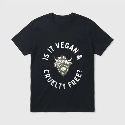 Is it Vegan T-Shirt – Floral crowned Highland cow head with circular text Is it Vegan Cruelty Free – Classic T-Shirt in Black