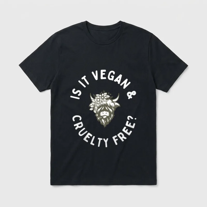 Is it Vegan T-Shirt – Floral crowned Highland cow head with circular text Is it Vegan Cruelty Free – Classic T-Shirt in Black