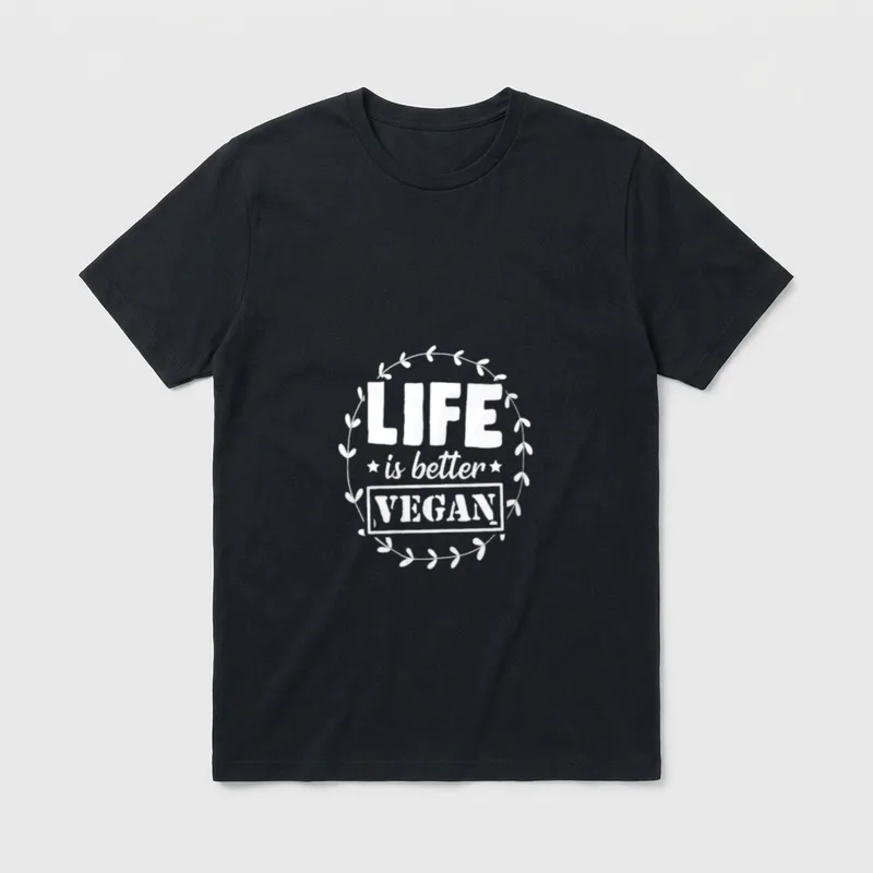 Life Is Better Vegan T-Shirt – White wreath graphic with LIFE is better VEGAN text – Classic T-Shirt in Black