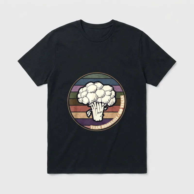 Team Brokkoli Go Vegan T-Shirt – Retro white cauliflower on cracked rainbow stripes with text – Classic T-Shirt in Black