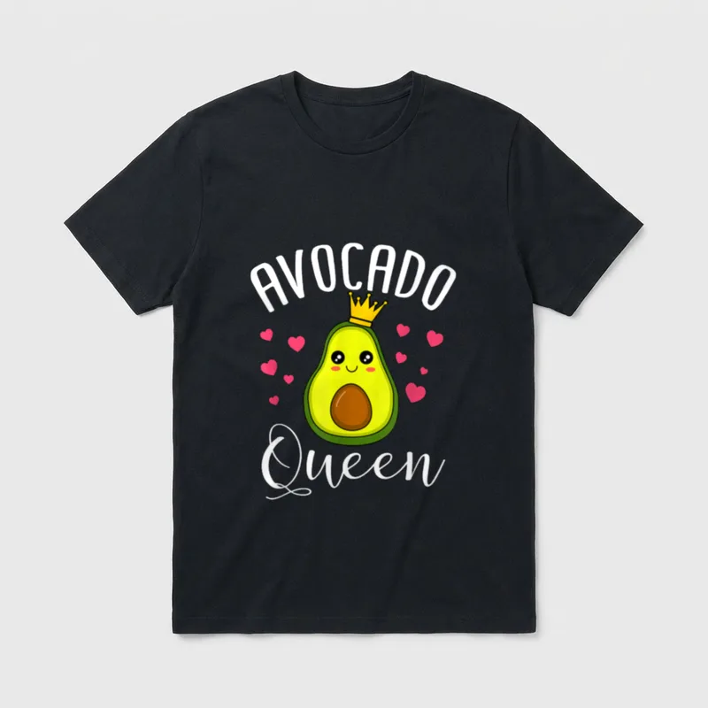 Cute Avocado Queen Funny T-Shirt – AVOCADO Queen text with crowned avocado character and hearts – Classic T-Shirt in Black