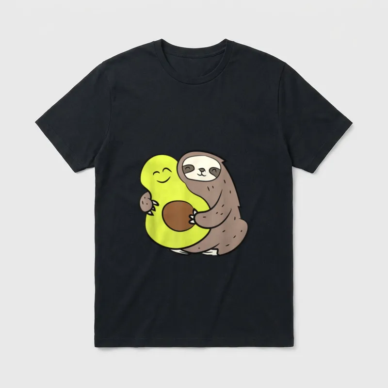 Funny Sloth With Avocado T-Shirt – Cartoon sloth hugging a smiling avocado half – Classic T-Shirt in Black