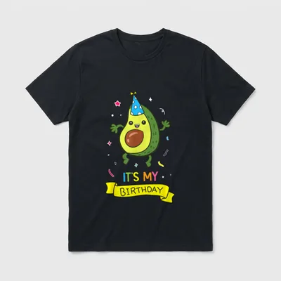 Avocado It's My Birthday T-Shirt – Cartoon avocado in party hat with IT'S MY BIRTHDAY text – Classic T-Shirt in Black