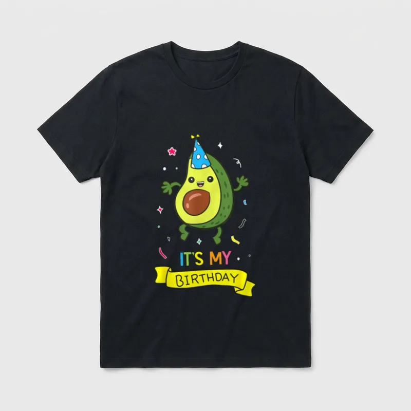 Avocado It's My Birthday T-Shirt – Cartoon avocado in party hat with IT'S MY BIRTHDAY text – Classic T-Shirt in Black