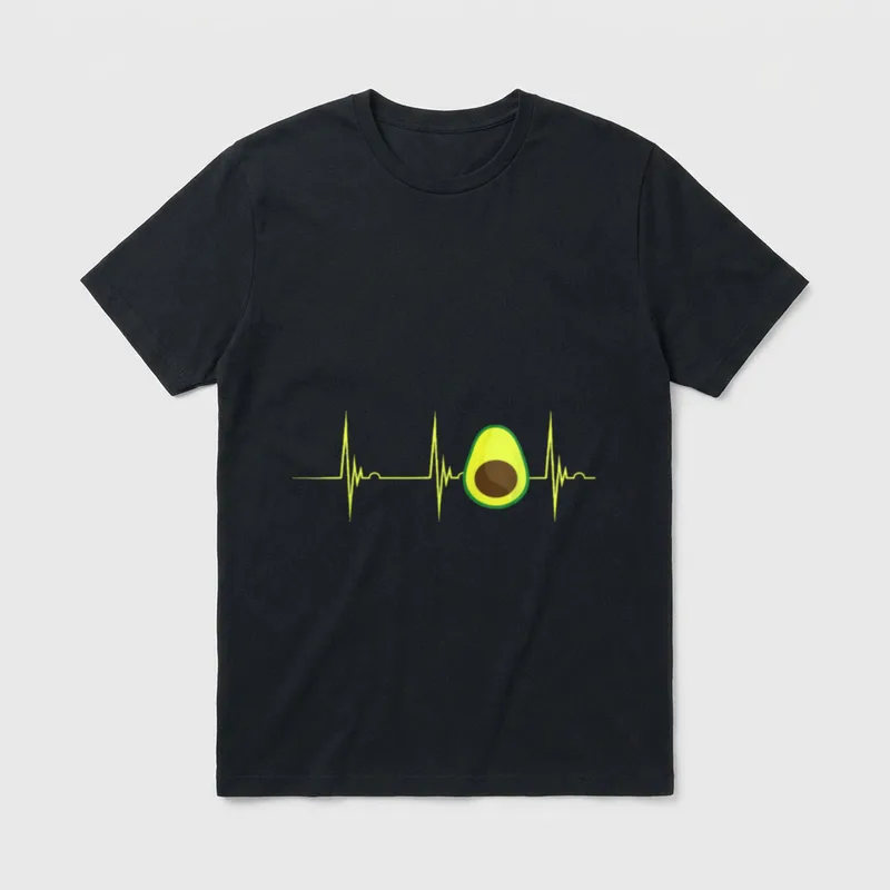 Avocado Fruit Lover Heartbeat T-Shirt – Yellow EKG line with a green avocado half in the center – Classic T-Shirt in Black