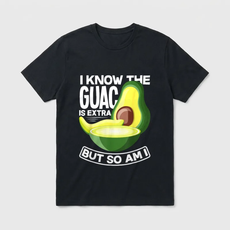 Guacamole Avocado Guac T-Shirt – Avocado half and lime slice with text about extra guacamole – Classic T-Shirt in Black