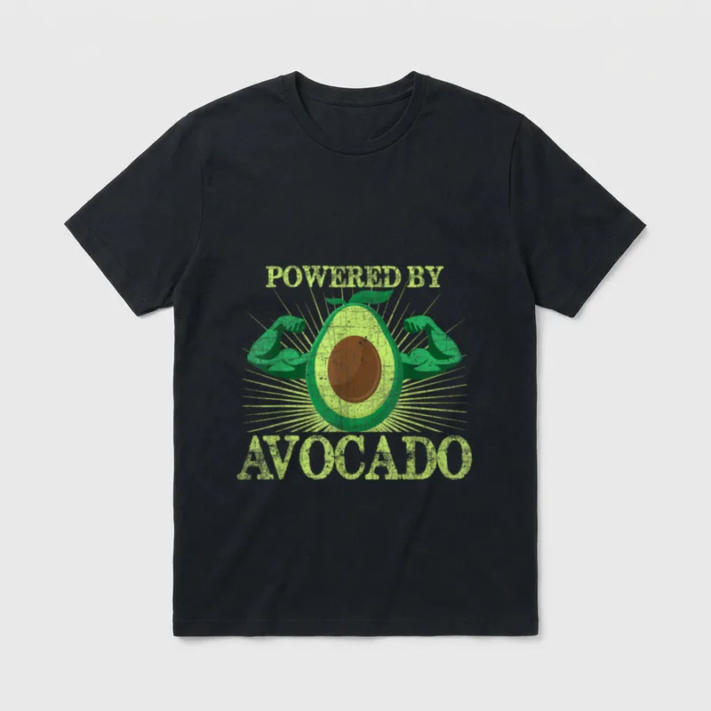 Powered By Avocado Funny T-Shirt – Muscular avocado flexing biceps with POWERED BY AVOCADO text – Classic T-Shirt in Black
