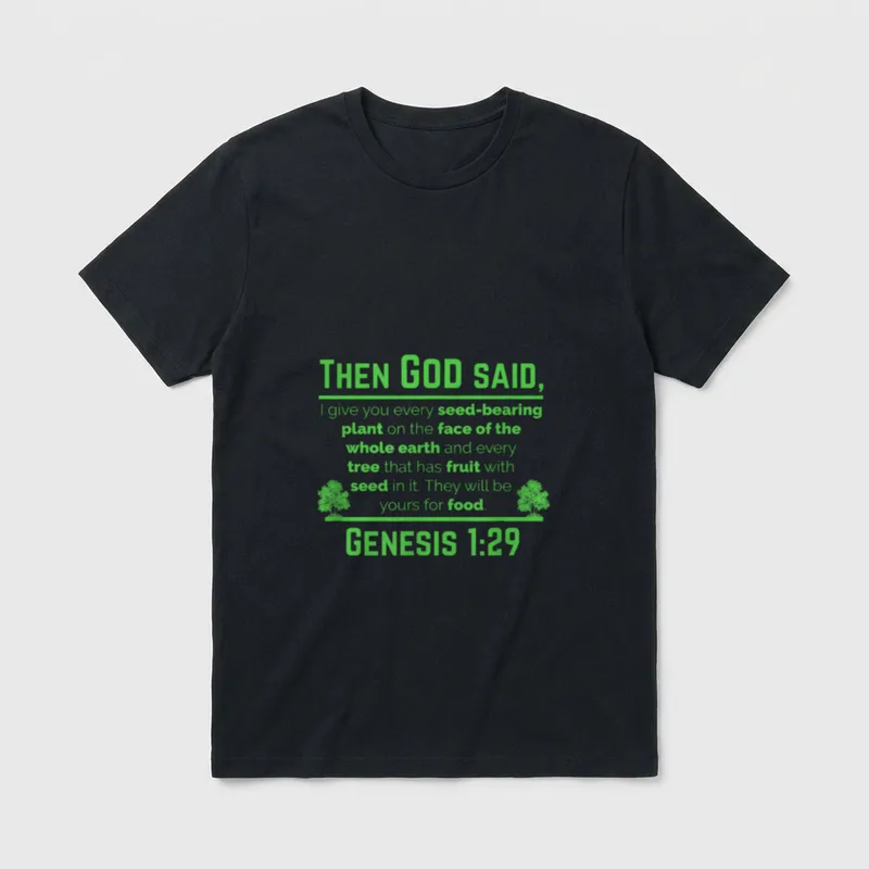 Genesis Plant Based Diet T-Shirt – Genesis 1:29 scripture verse in bright green text – Classic T-Shirt in Black