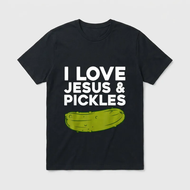 Funny Pickles For Men T-Shirt – I Love Jesus and Pickles text with a green pickle illustration – Classic T-Shirt in Black