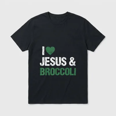 I Love Jesus T-Shirt – Distressed text reading I love Jesus and broccoli with a green heart symbol – Classic T-Shirt in Black