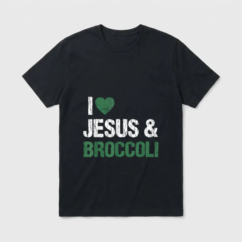 I Love Jesus T-Shirt – Distressed text reading I love Jesus and broccoli with a green heart symbol – Classic T-Shirt in Black
