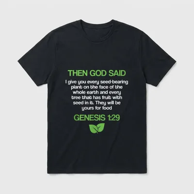 Vegan Genesis Christian Vegetarian T-Shirt – Green and white Genesis 1:29 text with two leaf icon – Classic T-Shirt in Black