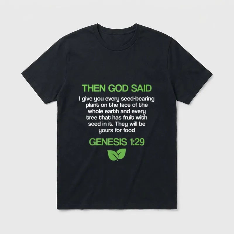 Vegan Genesis Christian Vegetarian T-Shirt – Green and white Genesis 1:29 text with two leaf icon – Classic T-Shirt in Black