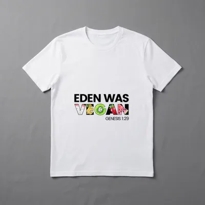 Eden Was Vegan Genesis T-Shirt – Fruit letters spelling vegan with Genesis 1:29 citation – Classic T-Shirt in Black