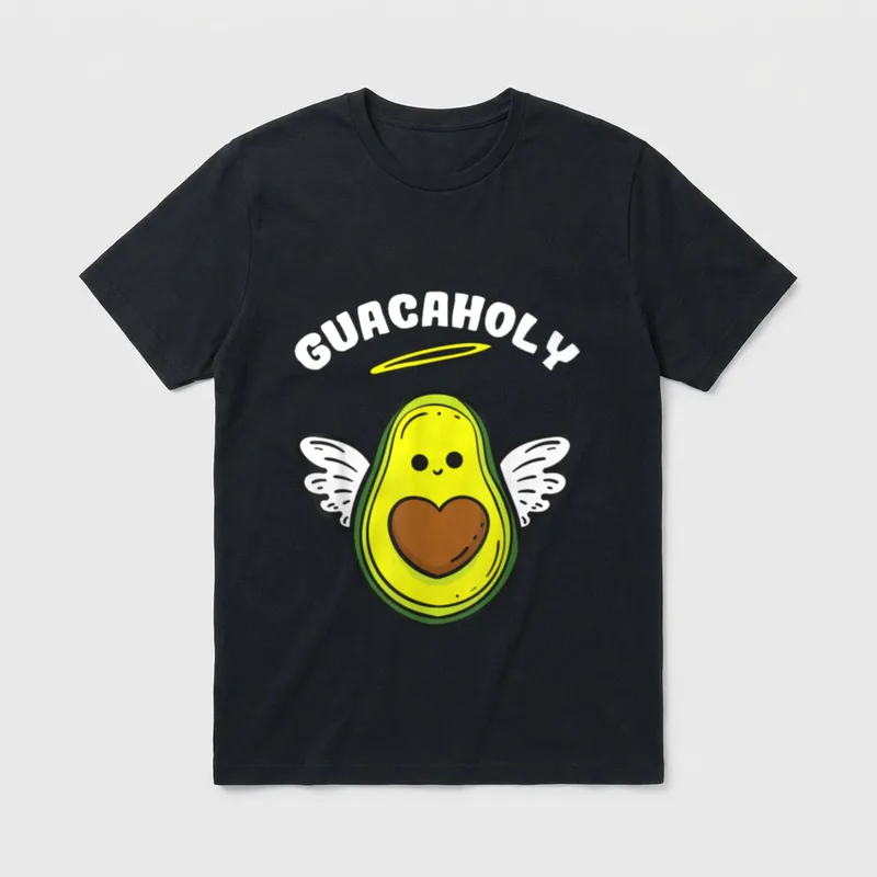 Avocado Guacaholy Vegan Vegetarian T-Shirt – Winged avocado with halo and GUACAHOLY text – Classic T-Shirt in Black