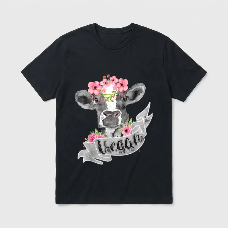 Funny Cow With Flower T-Shirt – Cow with flower crown and "Vegan" banner – Classic T-Shirt in Black